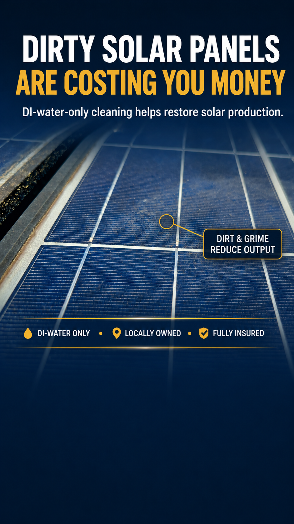 Dirty solar panels on a roof with text: “Dirty solar panels are costing you money.”