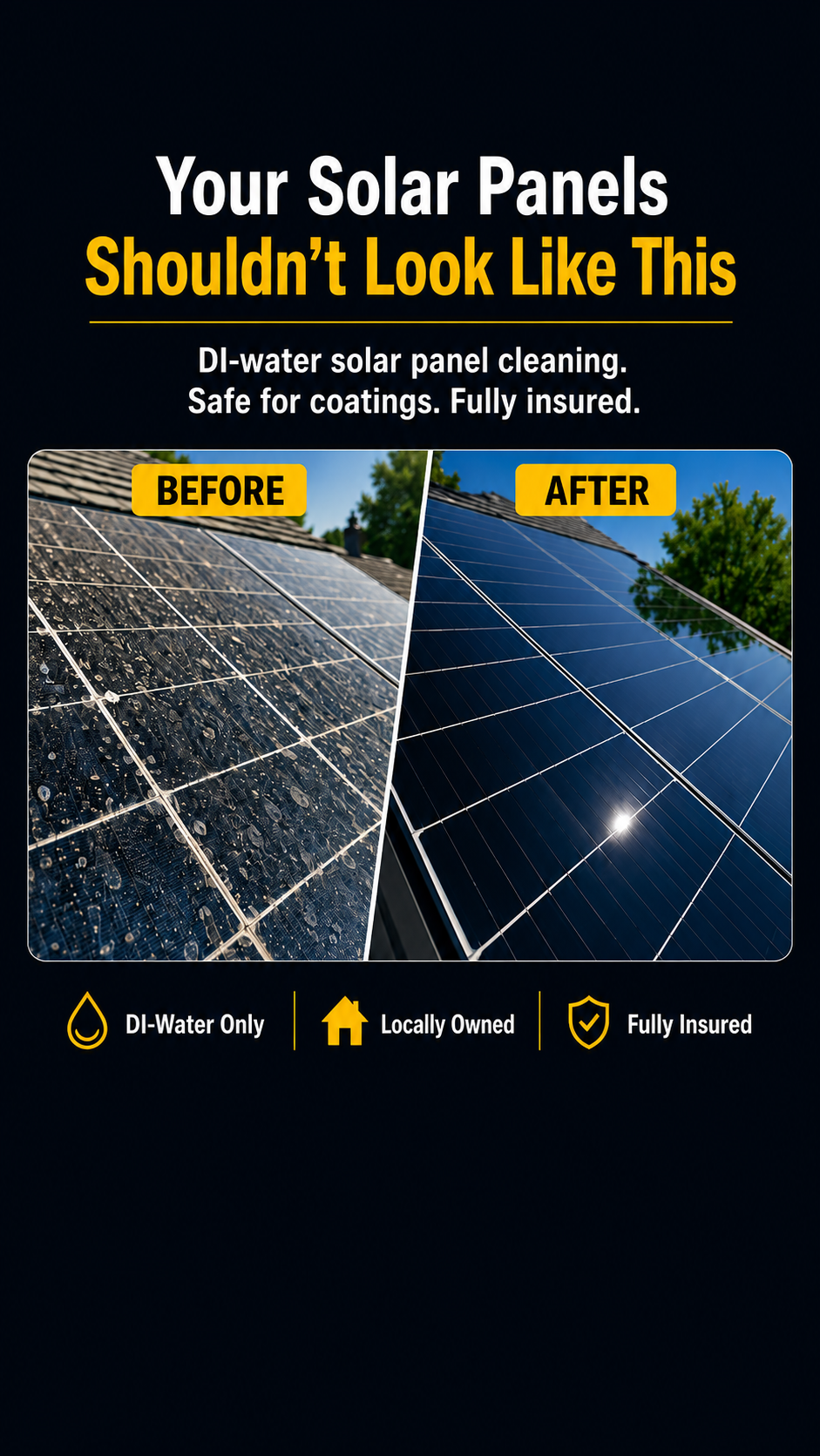 Solar panel cleaning ad: before-and-after panels, dirty left and shiny right, with text about safe, fully insured service.