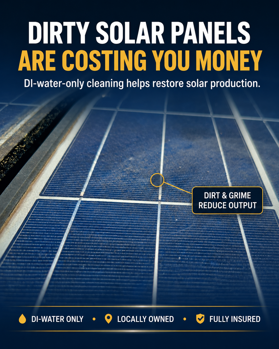 Dirty blue solar panels with text warning they’re costing money and reducing output.