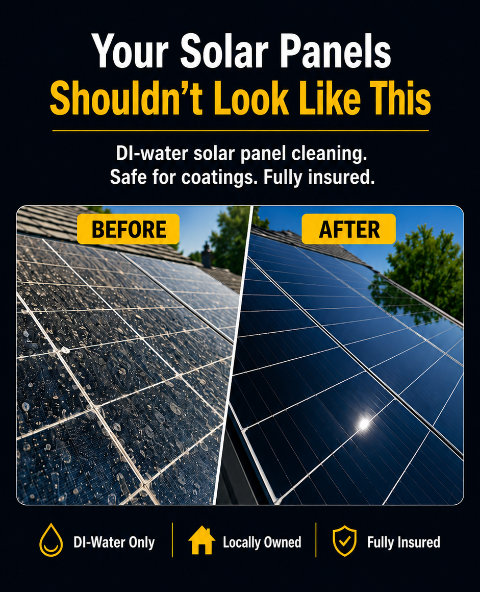 Solar panel cleaning ad showing dirty before and shiny after panels with text about DI-water, safe coatings, and insurance