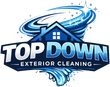 Blue-and-white Top Down Exterior Cleaning logo with house, swirling water, and wave splash