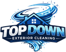 Blue-and-white Top Down Exterior Cleaning logo with house, swirling water, and wave splash