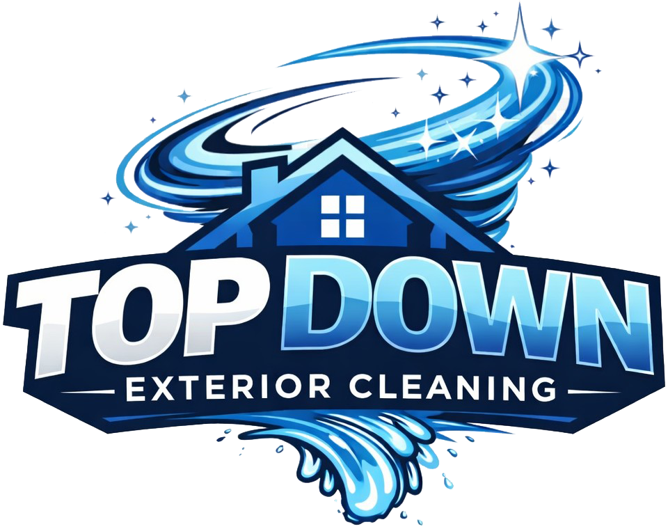Blue-and-white Top Down Exterior Cleaning logo with house, swirling water, and wave splash