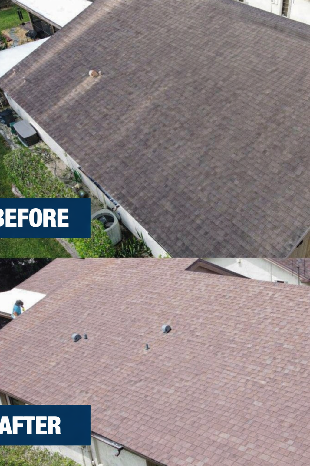 Roof before-and-after: dark worn shingles replaced with new light brown shingles.