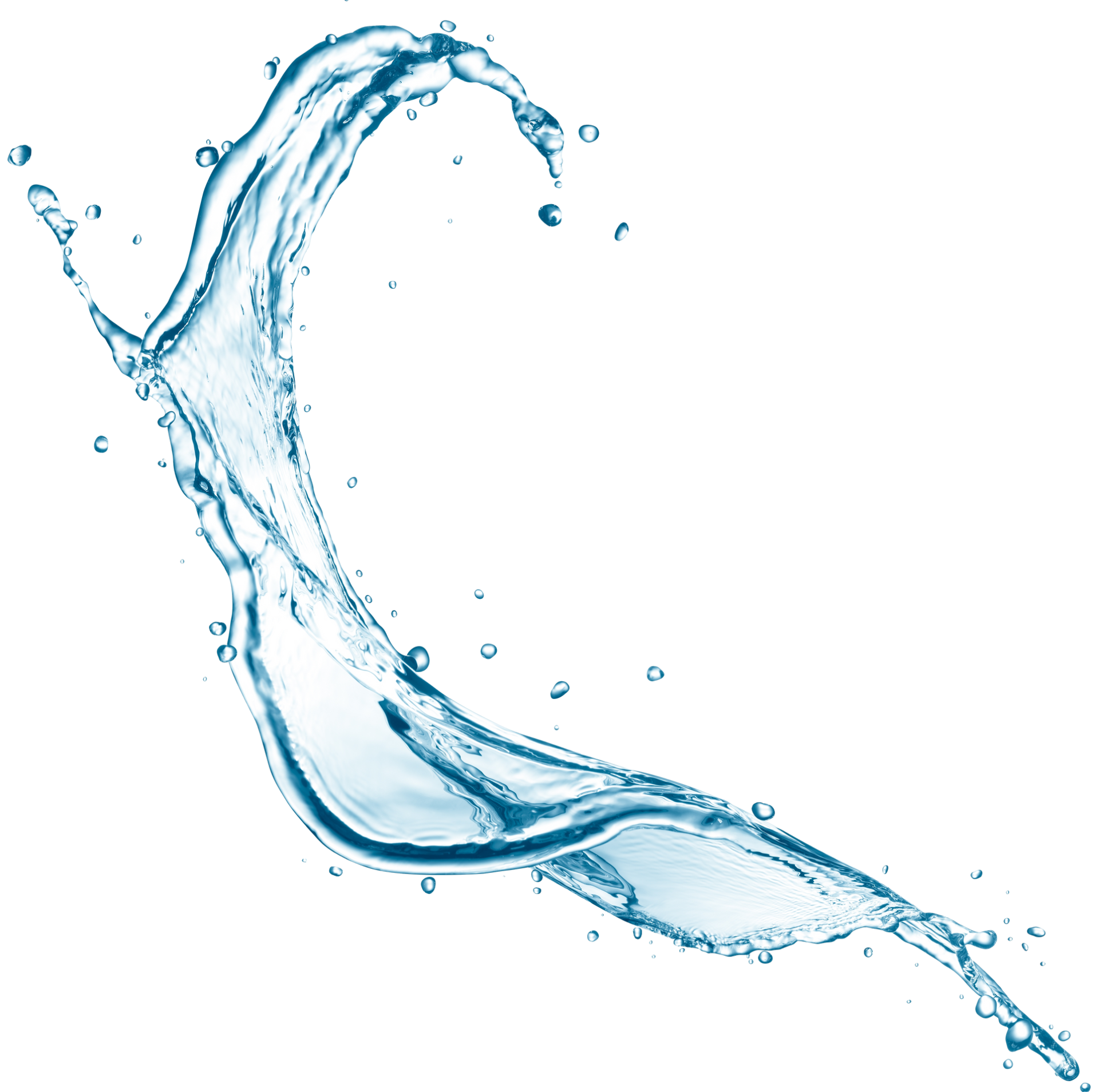 Blue water splash forming a curved wave on a white background