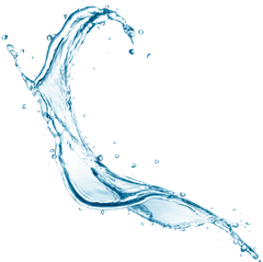 Blue water splash on a white background, arcing in a fluid curved shape.