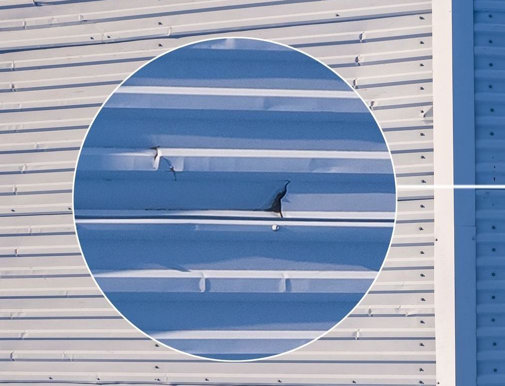A close up of a metal roof with a hole in it
