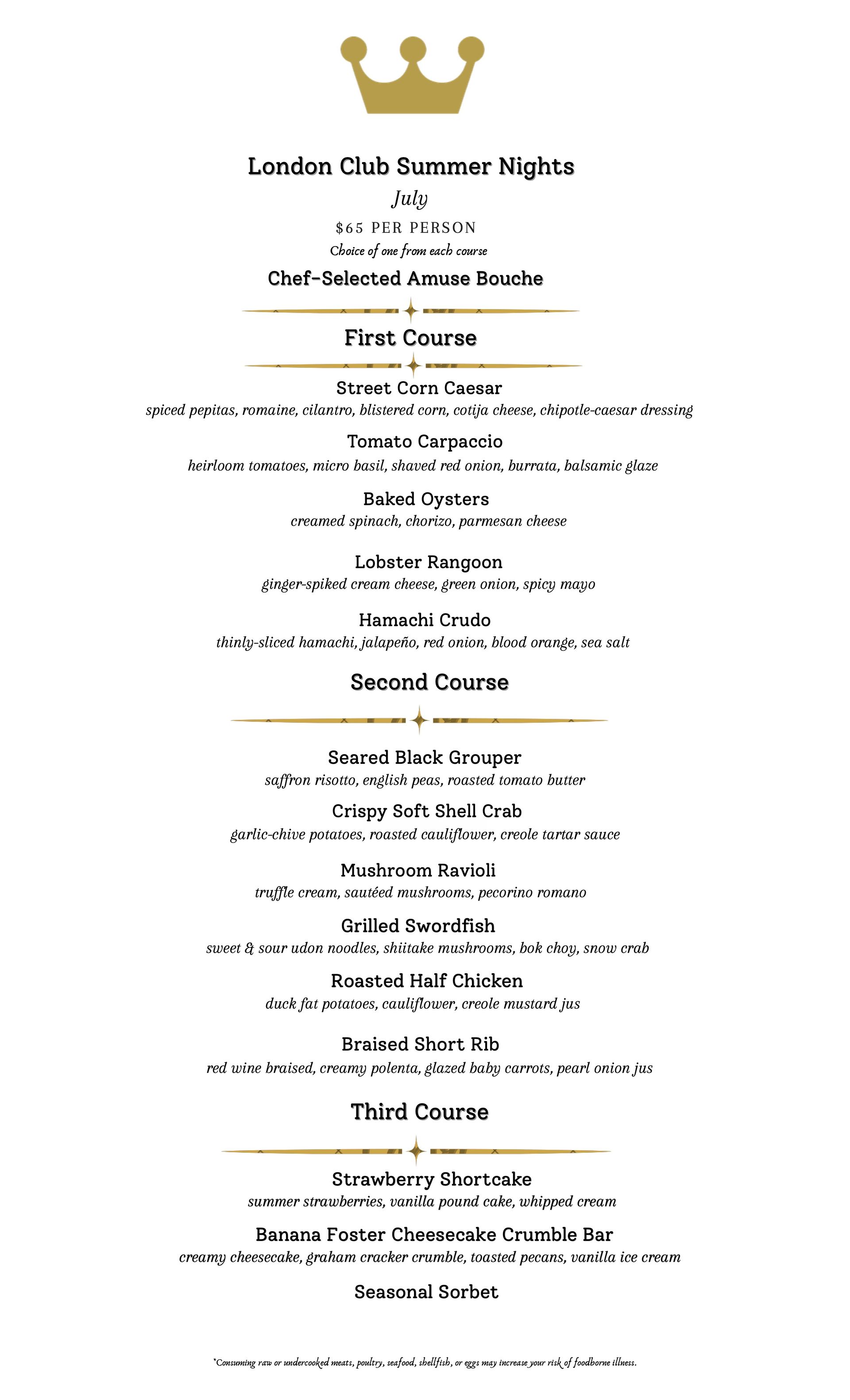 Menu with sections for a clam bar, starters, specialties at the London Club Naples.