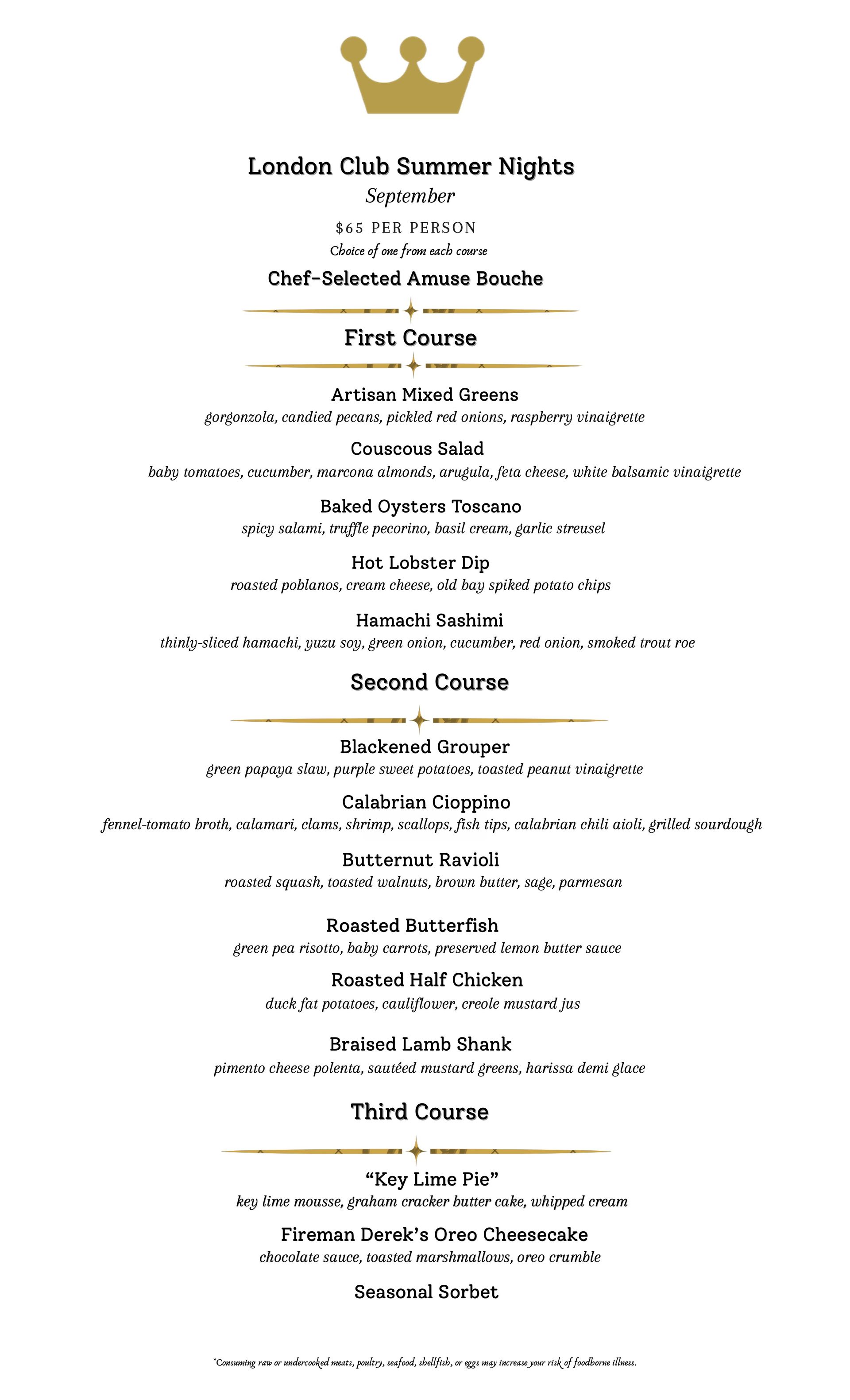 Menu with sections for a clam bar, starters, specialties at the London Club Naples.