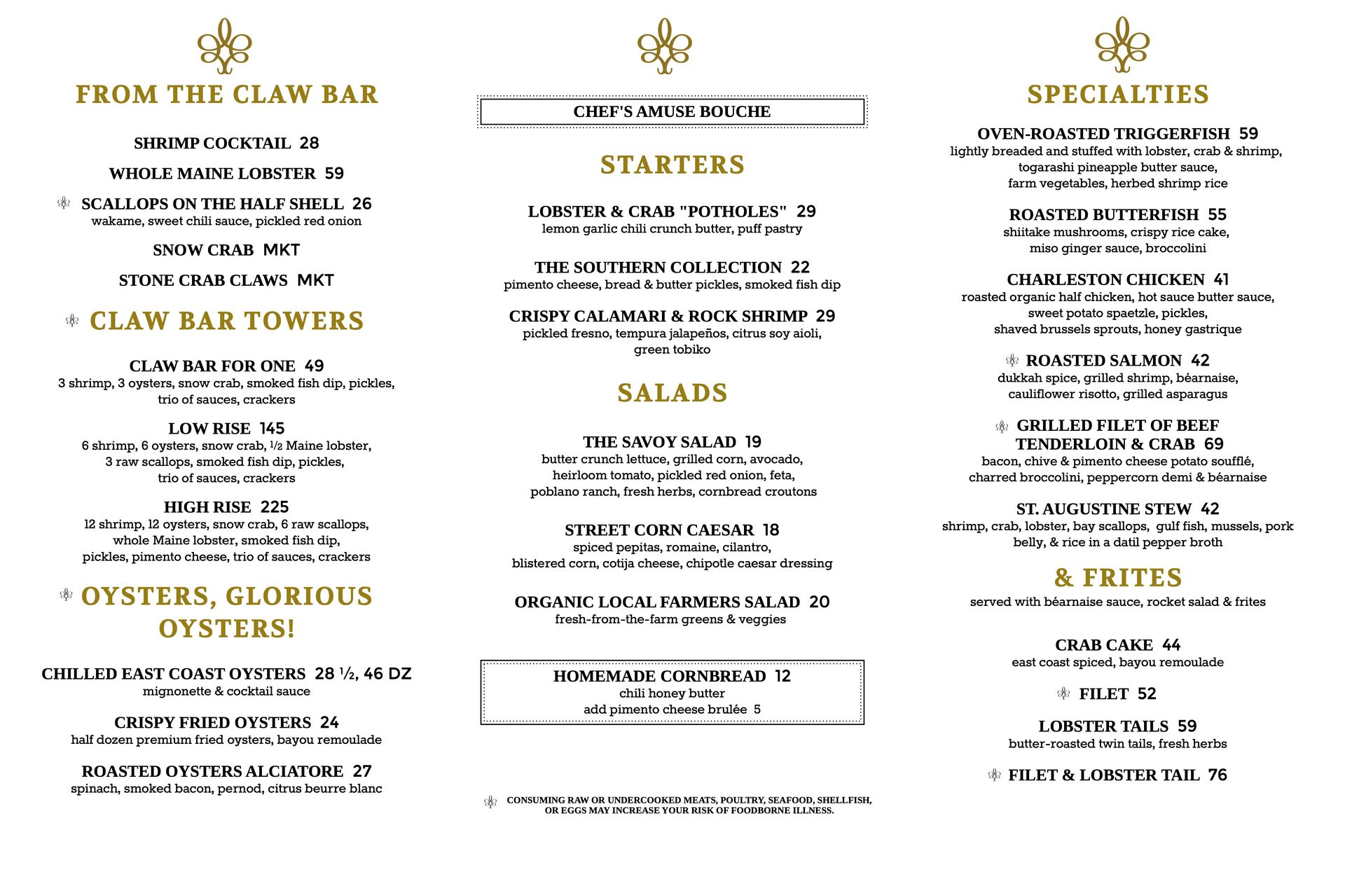 Menu with sections for a clam bar, starters, specialties, and salads, with a fleur-de-lis logo.