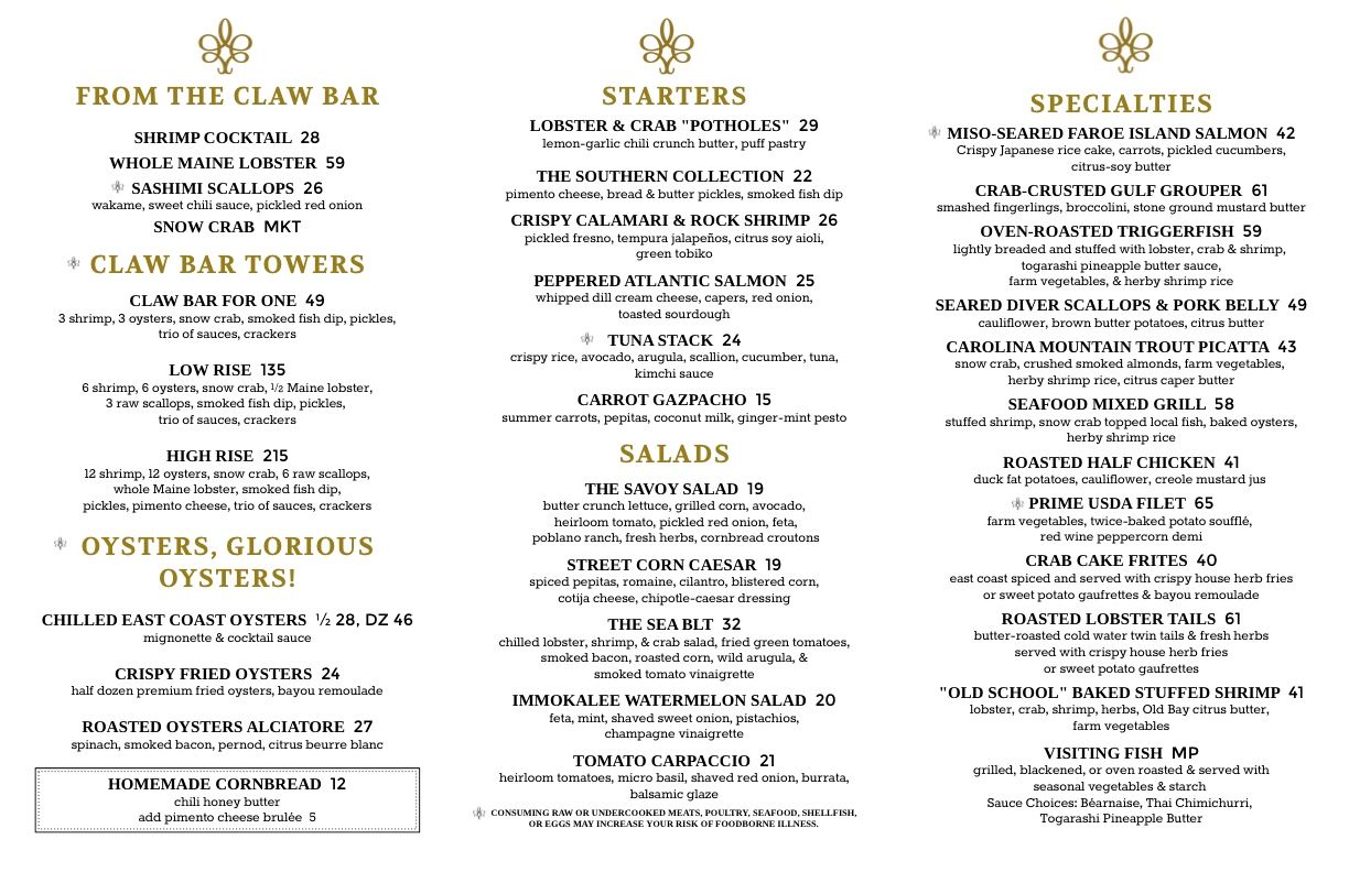 Menu with sections for a clam bar, starters, specialties at the London Club Naples.