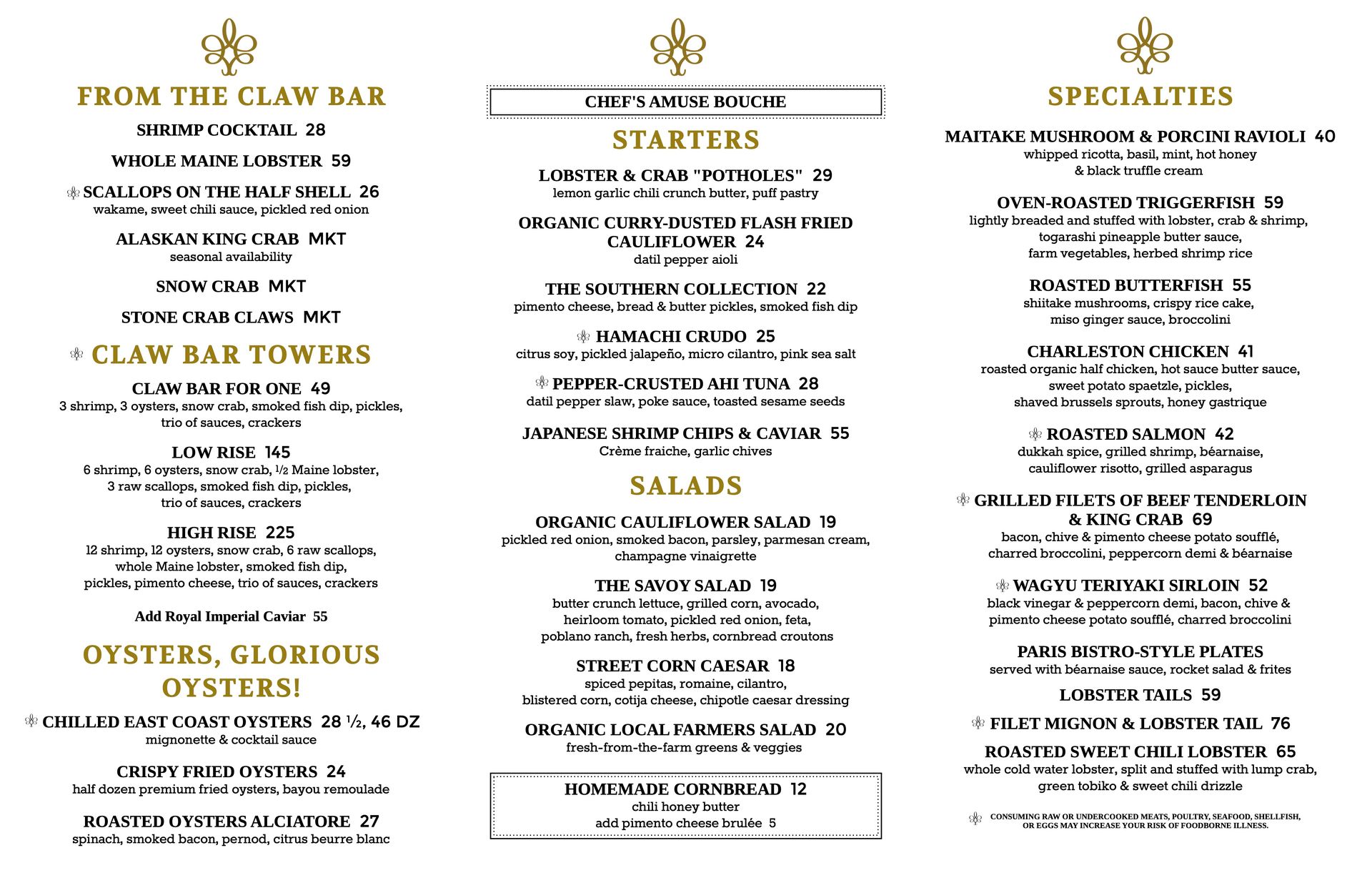 Menu with sections for a clam bar, starters, specialties, and salads, with a fleur-de-lis logo.