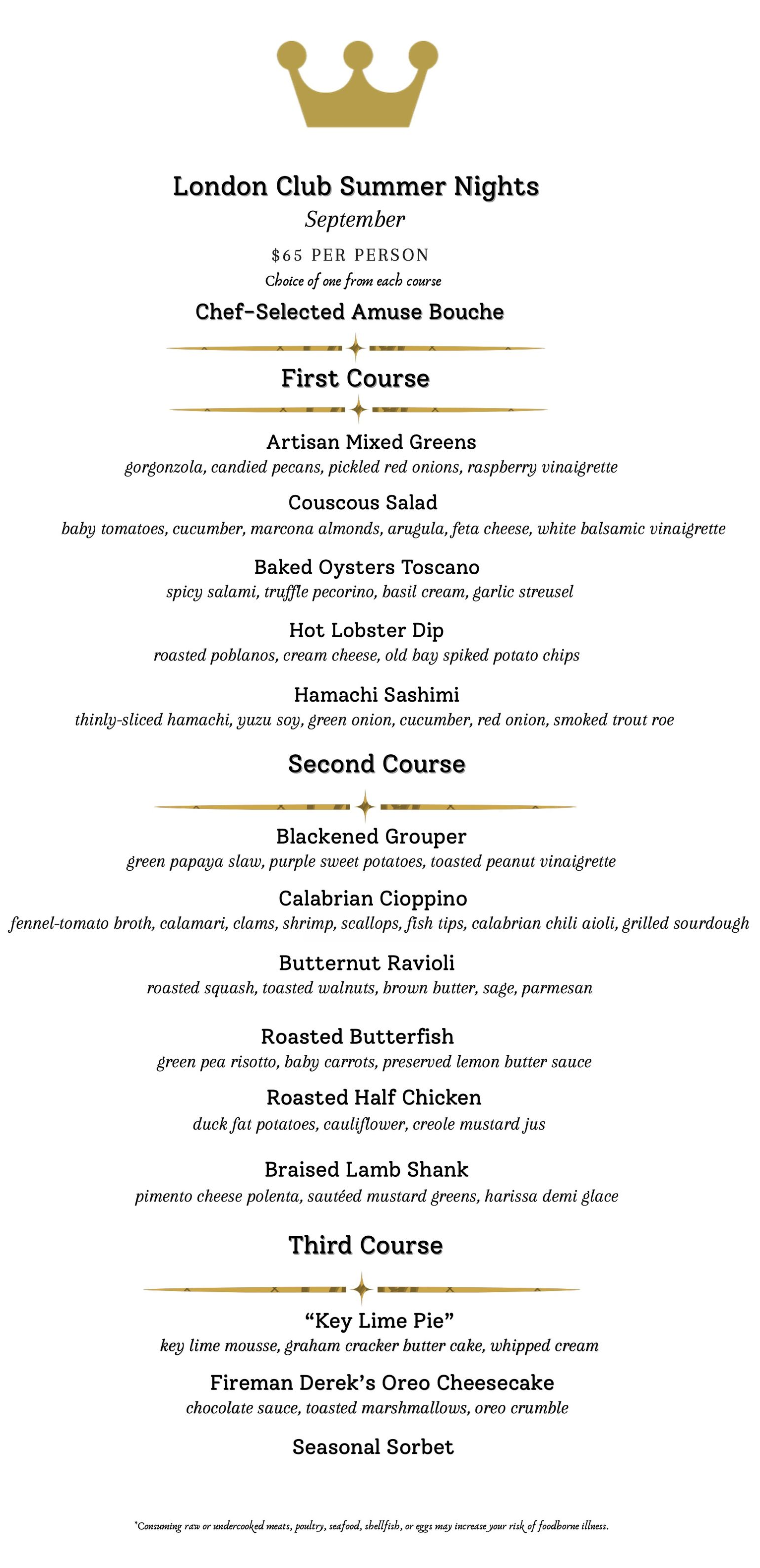 Restaurant menu with starter and salad options.