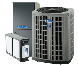 Three HVAC units: two outdoor condensers and a metal furnace filter cabinet