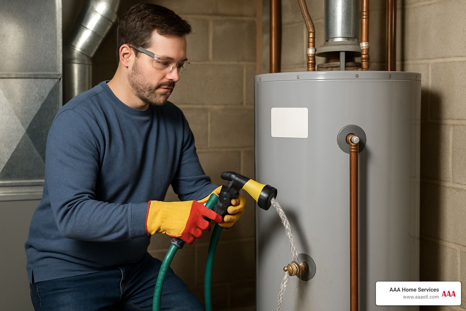 Technician with gloves spraying cleaner on a water heater tank in a utility room