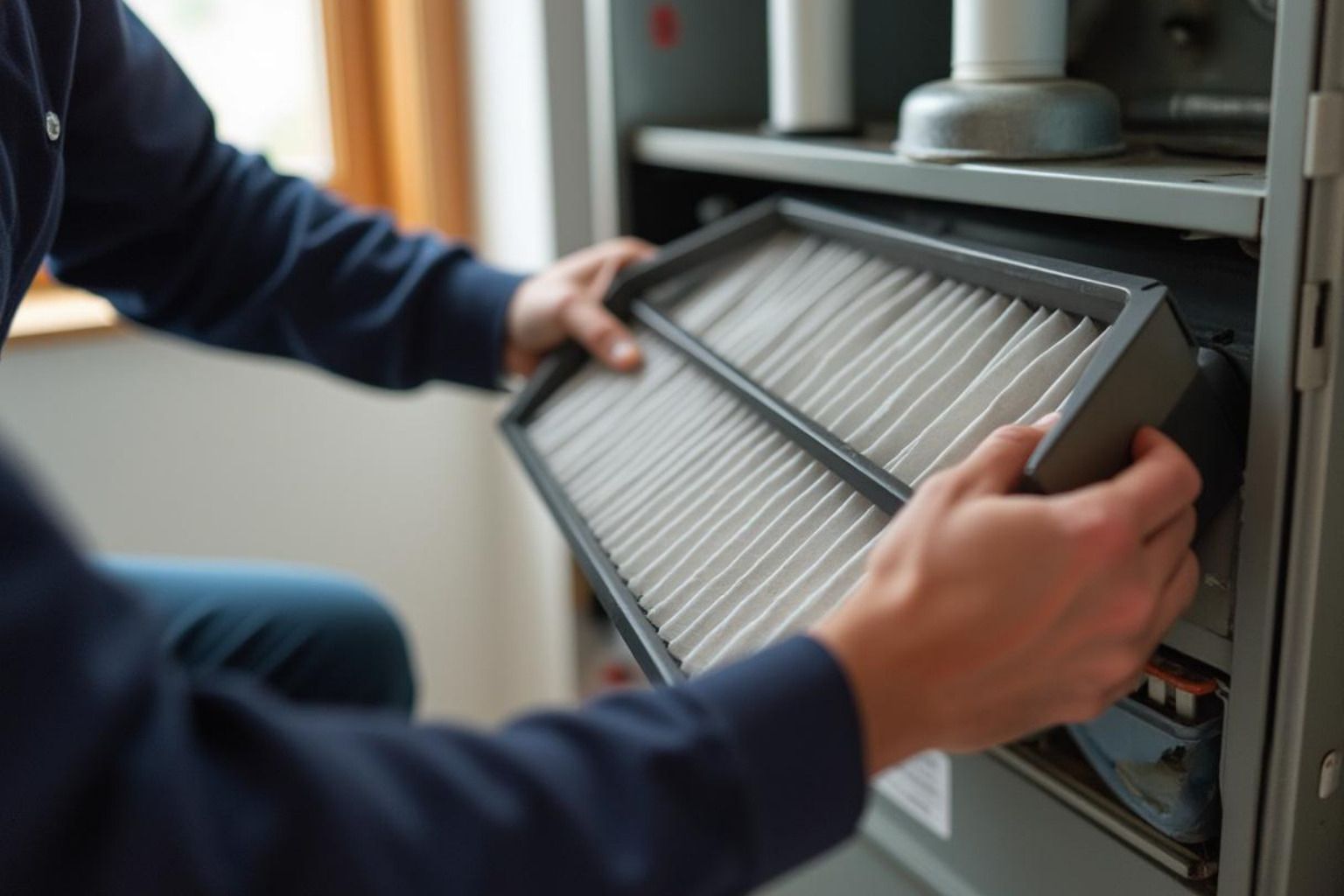 Hands holding a gray pleated air filter while sliding it into a furnace vent slot.