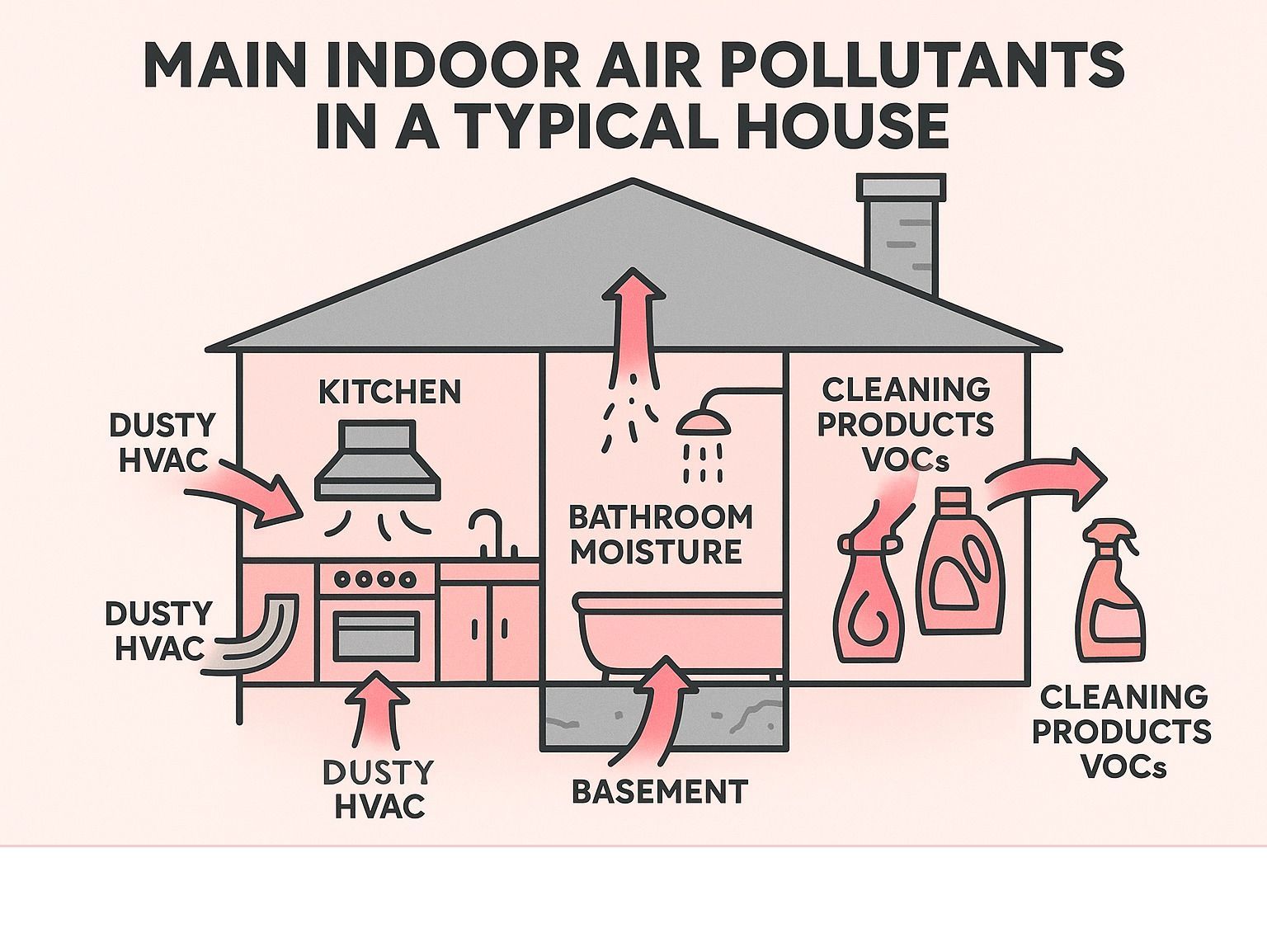 House diagram showing main indoor air pollutants: dusty HVAC, bathroom moisture, and cleaning product VOCs.