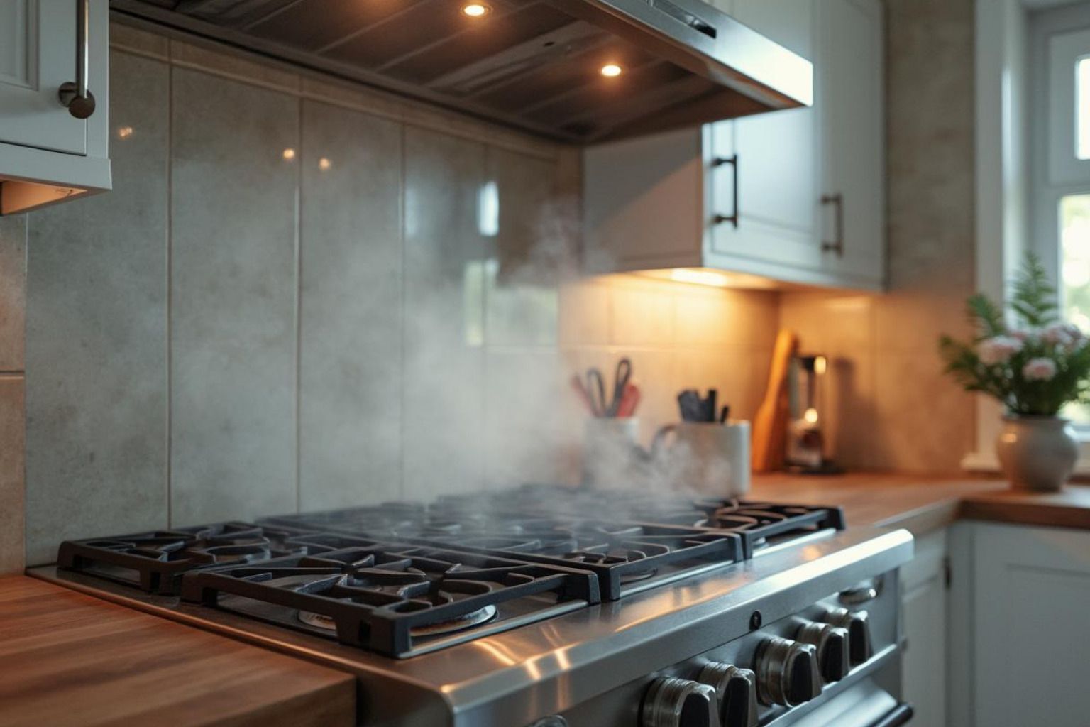 Modern kitchen stovetop with stainless range, steam rising, under-cabinet lights, and wooden countertops