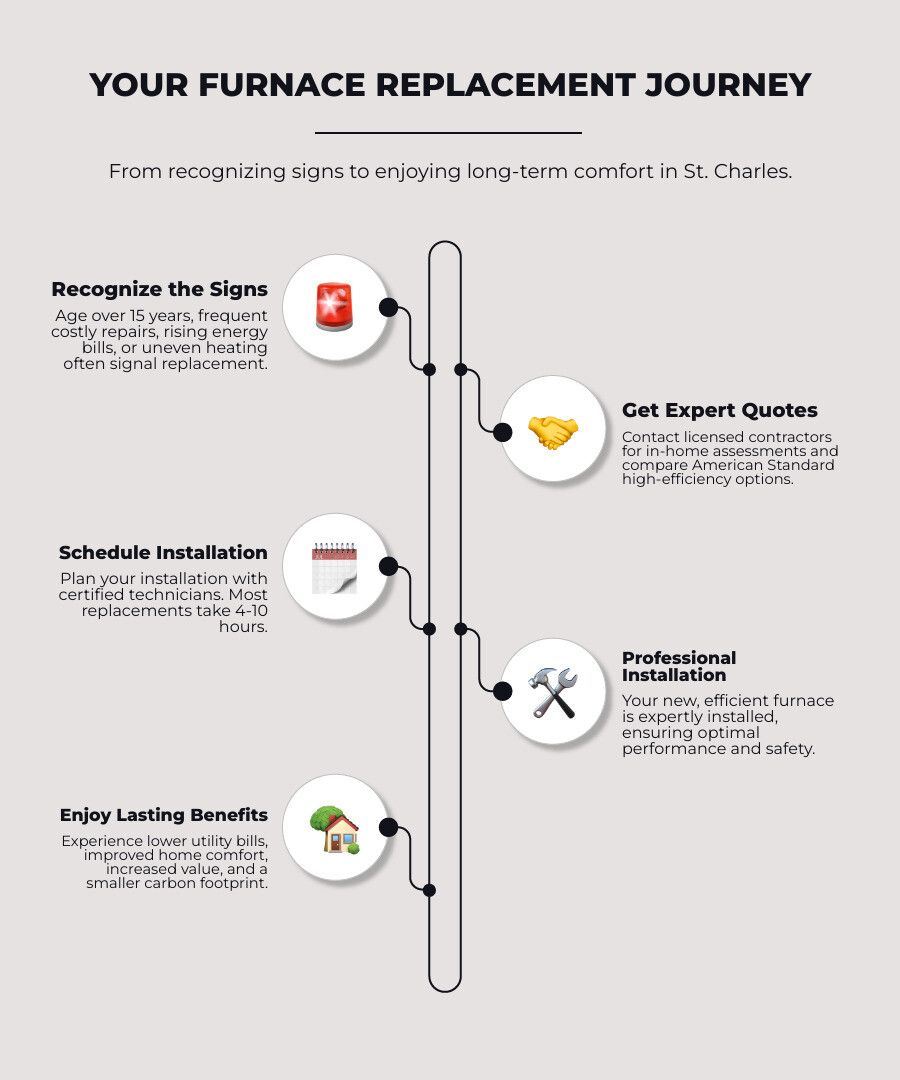 Infographic titled “Your Furnace Replacement Journey” with a vertical 5-step timeline and icons.