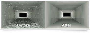 Split image of a rectangular vent duct, labeled “Before” and “After,” showing a cleaner after view.