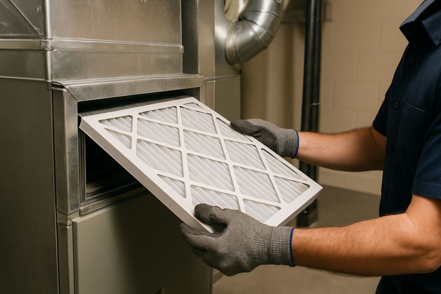 Person in gloves replacing an HVAC air filter in a metal vent opening.