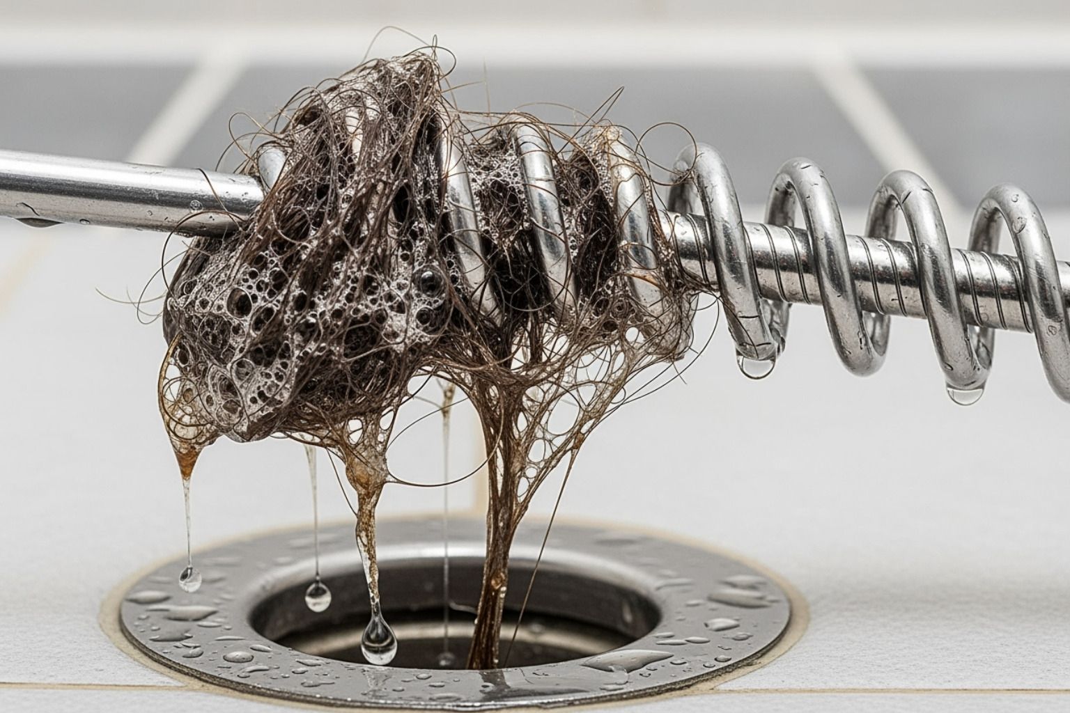 Drain clog with tangled hair wrapped around a metal snake tool over a sink drain