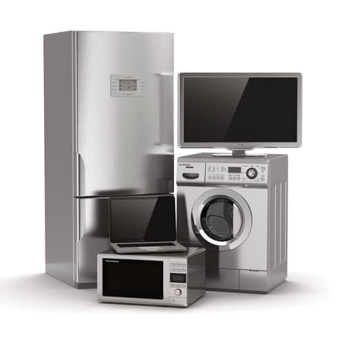 A stainless steel fridge, microwave, TV, and front-load washing machine arranged on a white background