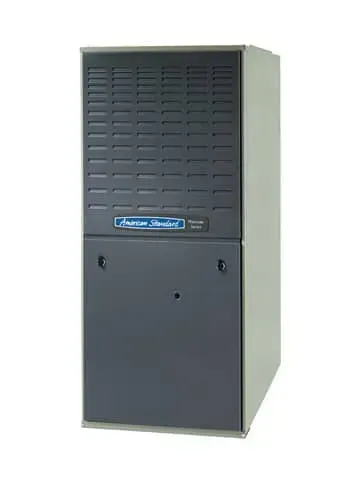 Tall gray metal server cabinet with a vented front panel and small blue label.
