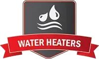 Water heaters logo with red banner and white water-drop icon on dark shield