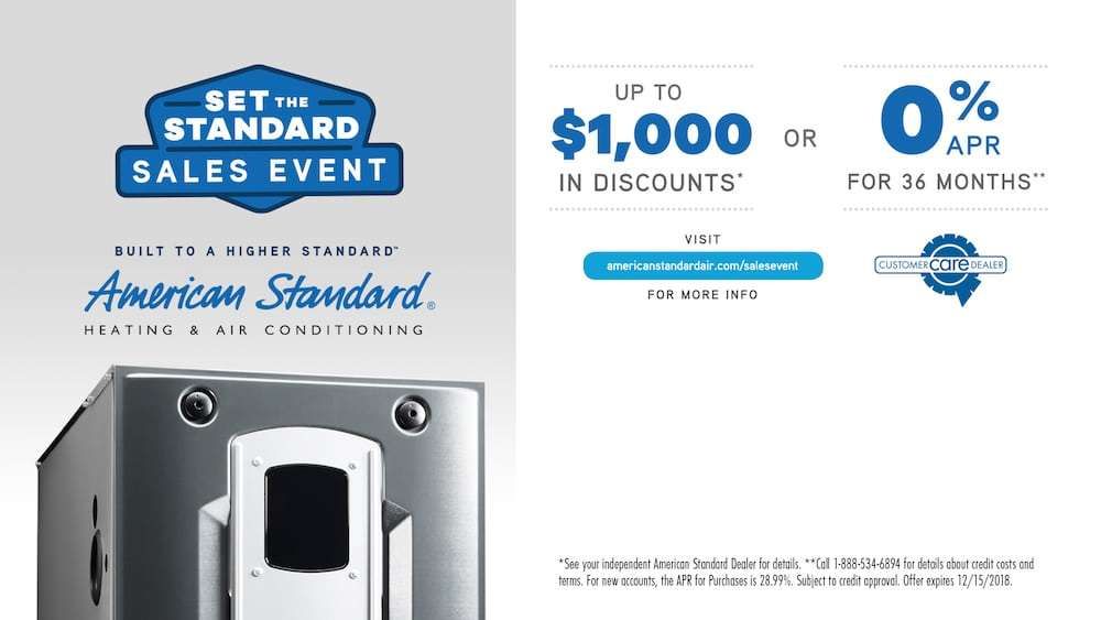 American Standard sale ad: up to $1,000 discounts and 0% APR for 36 months on a stainless appliance