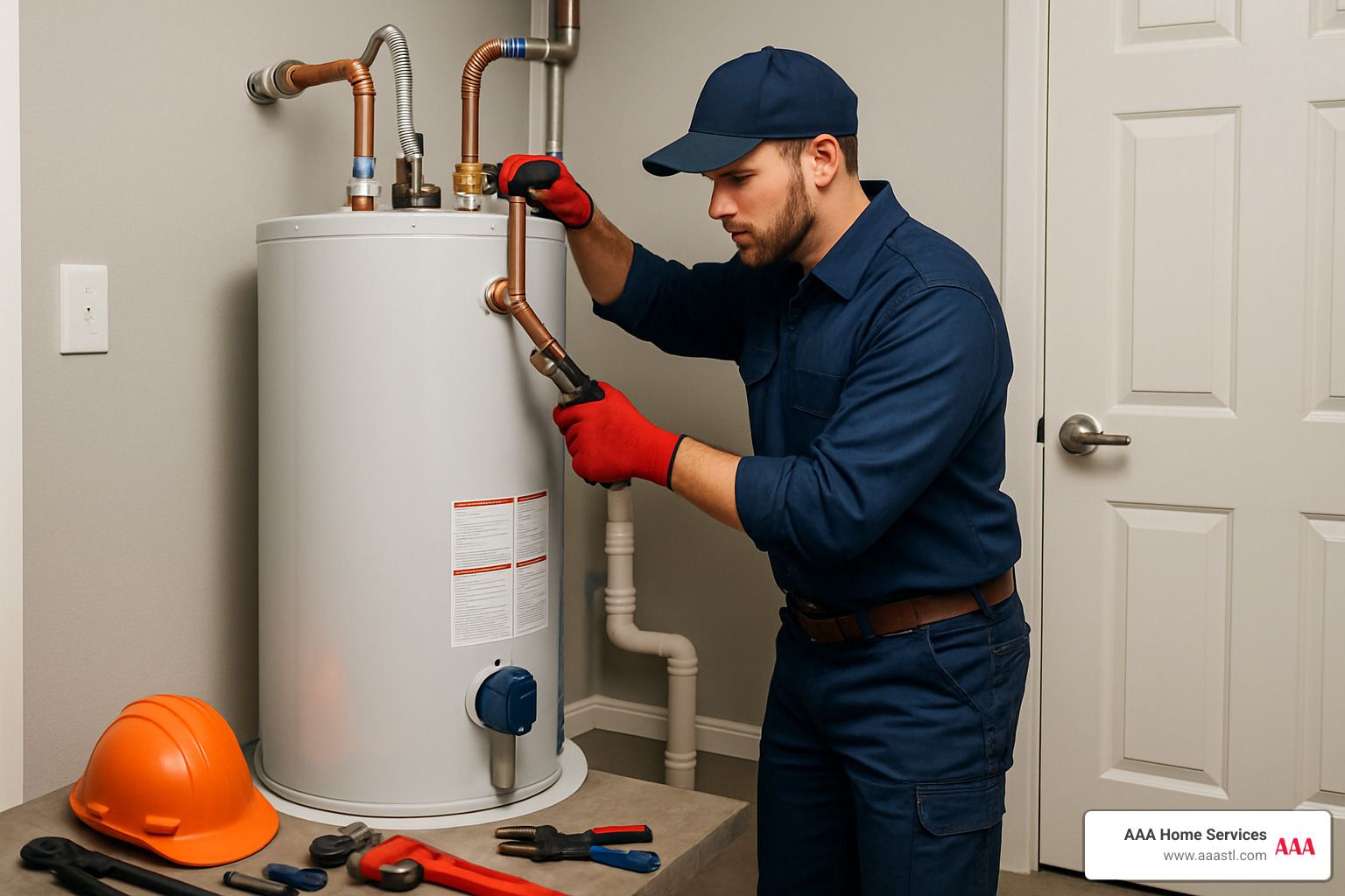 Plumber in navy uniform and red gloves repairing a water heater with tools in a home utility room