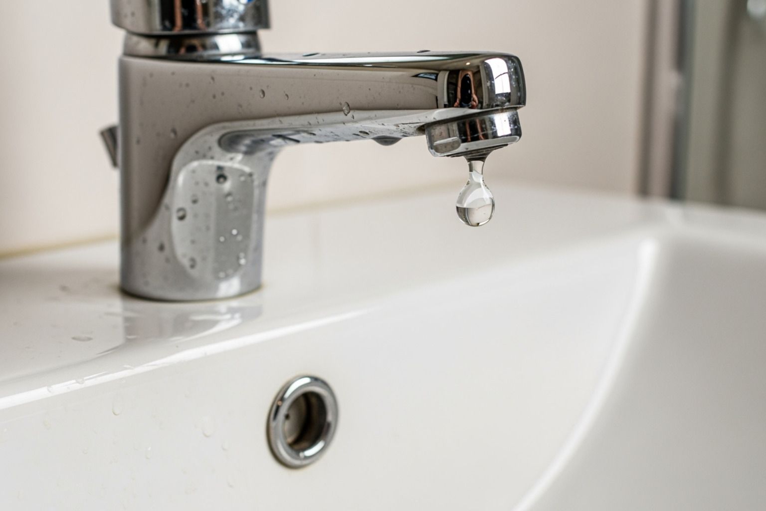 Leaking chrome bathroom faucet dripping into a white sink