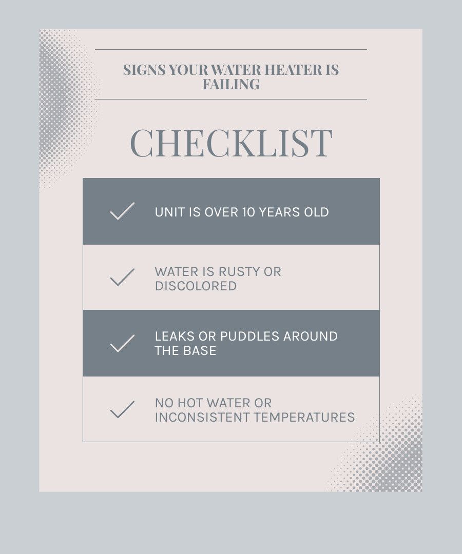 infographic showing the five key signs an electric water heater is failing: age over ten years with a calendar icon, rusty or discolored water with a faucet dripping brown water, leaks or puddles around the base with water droplets, no hot water or inconsistent temperatures with a thermometer, and strange noises like rumbling or popping with sound waves - electric hot water heater replacement infographic checklist-light-blue-grey infographic showing the five key signs an electric water heater is failing: age over ten years with a calendar icon, rusty or discolored water with a faucet dripping brown water, leaks or puddles around the base with water droplets, no hot water or inconsistent temperatures with a thermometer, and strange noises like rumbling or popping with sound waves - electric hot water heater replacement infographic checklist-light-blue-grey
