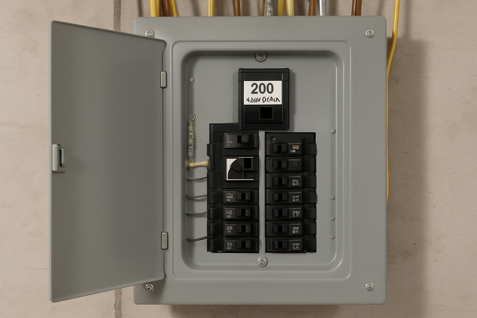 Open electrical breaker panel with many black switches and a 200-amp label on a wall.