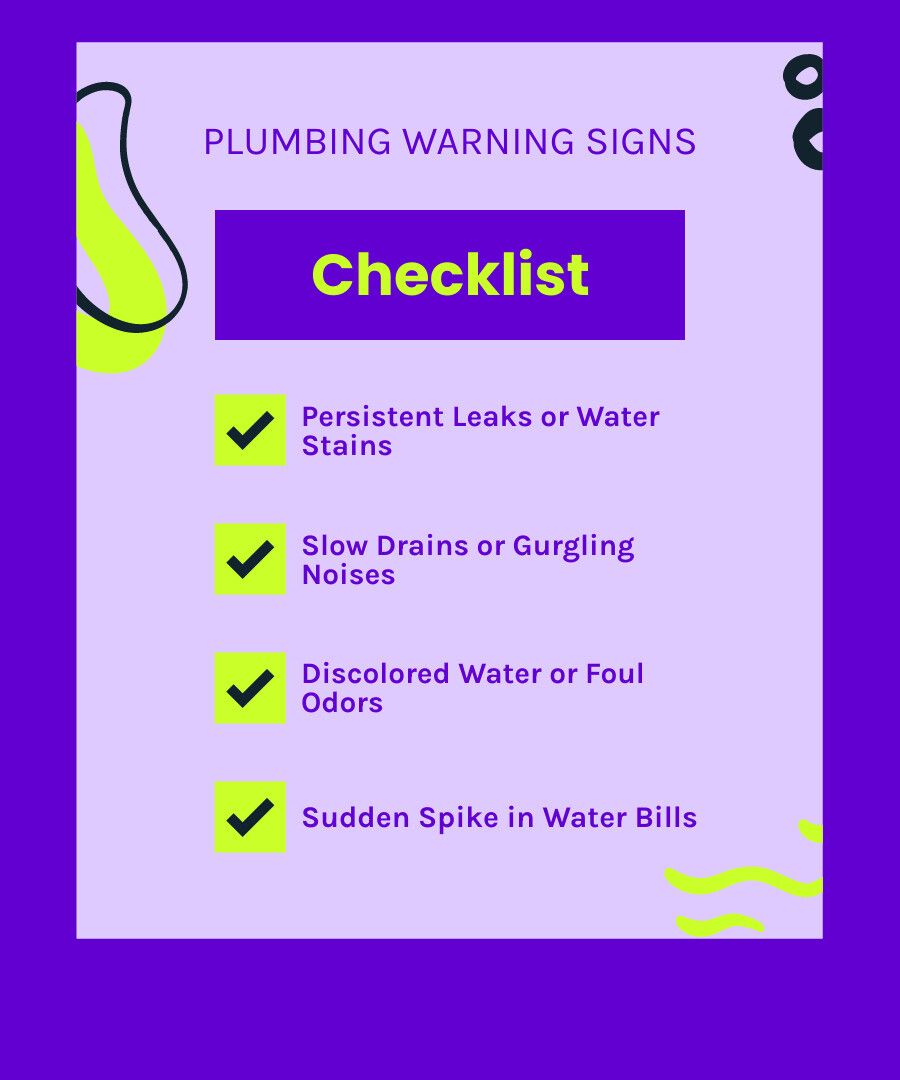 Purple plumbing warning sign checklist with leak, drain, odor, and water bill alerts