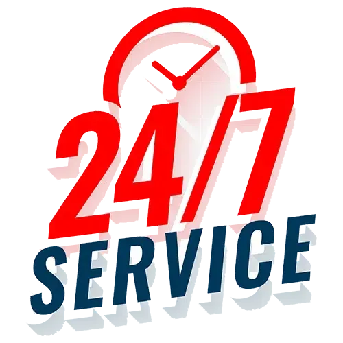 Red and blue “24/7 Service” text with a clock icon above it