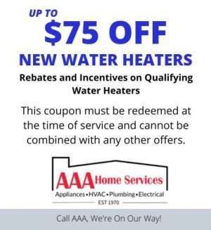 AAA Home Services coupon offering up to $75 off new water heaters, with rebate details.
