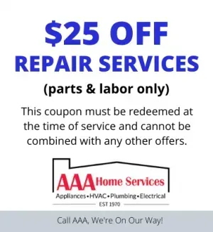 $25 off repair services coupon from AAA Home Services, red and blue text on white background