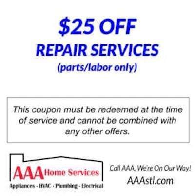 $25 off repair services coupon from AAA Home Services, parts and labor only
