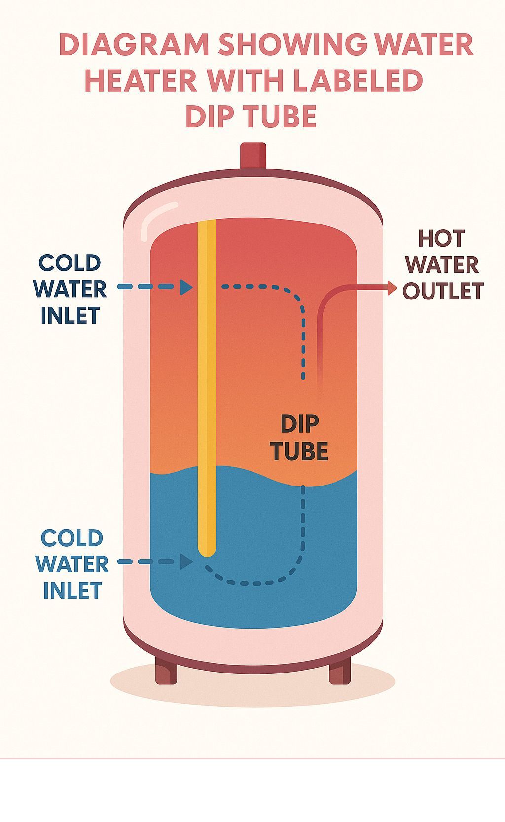 Diagram of a water heater showing labeled dip tube, cold water inlet, and hot water outlet.