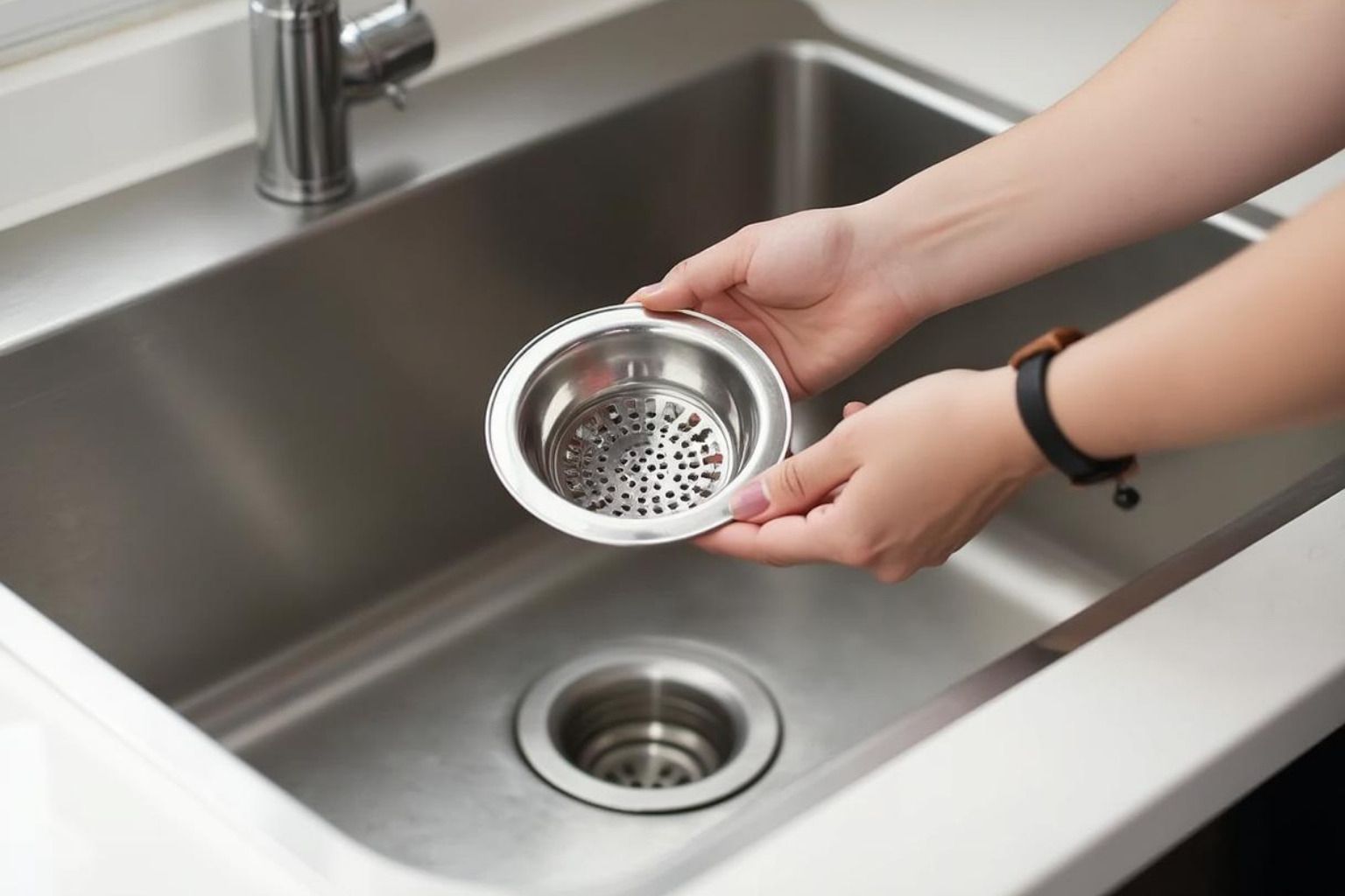 installing a sink strainer to catch food particles - baking soda and hot water for clogged drain