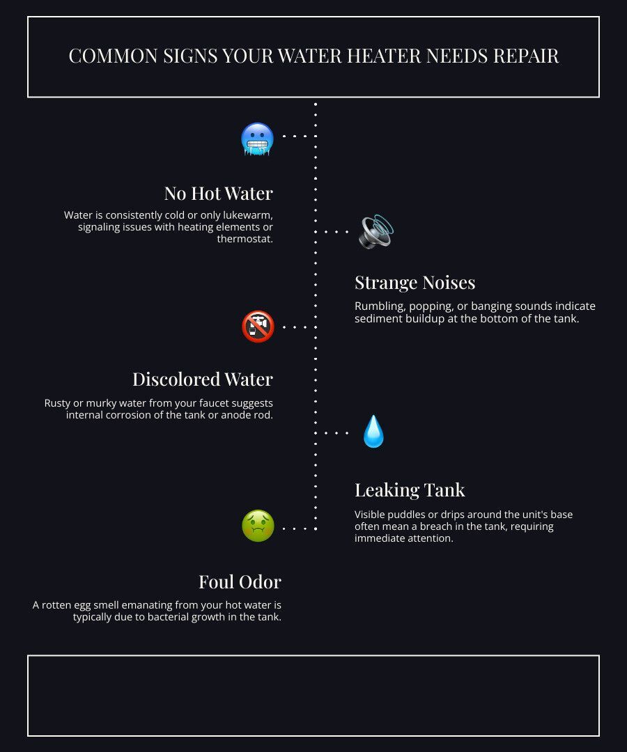 Infographic showing common signs that indicate a water heater needs professional repair, including no hot water, strange noises like rumbling or popping, rusty or discolored water, visible leaks around the tank, foul odors from water, and low water pressure - water heater repair professionals infographic infographic-line-5-steps-dark