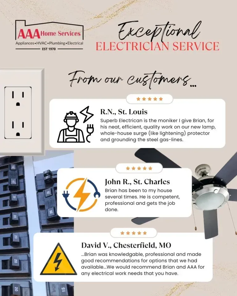 AAA Home Services flyer with customer testimonials and electrician service branding, white background, icons, and photos
