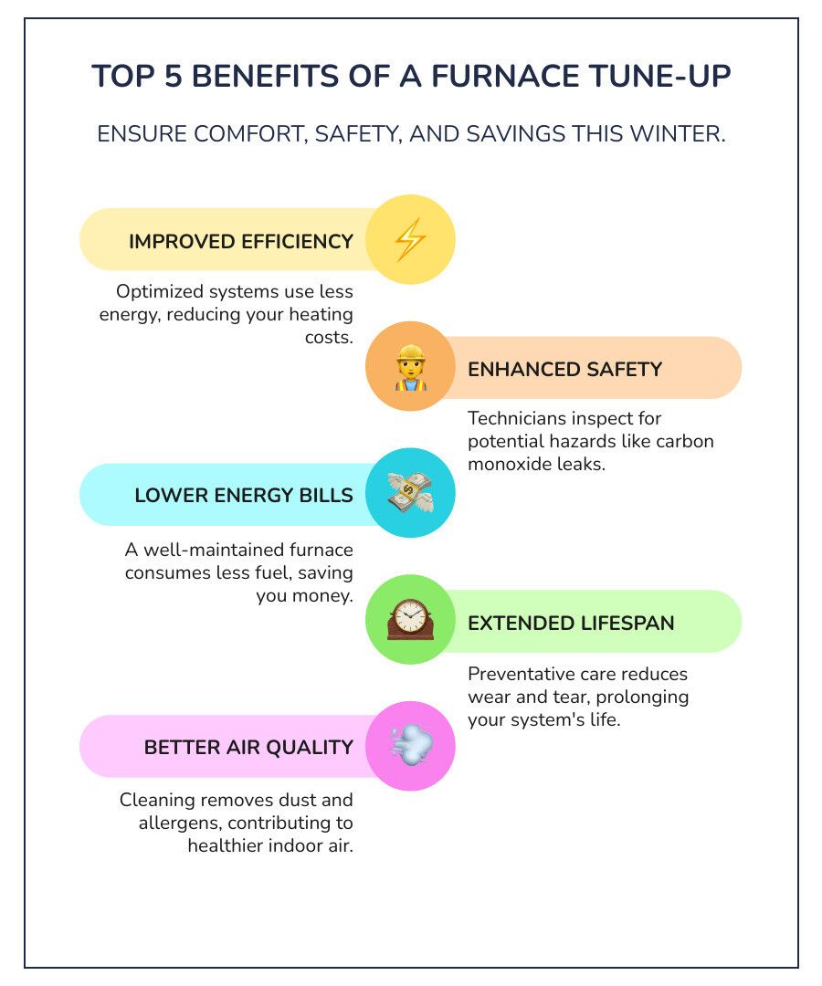 Infographic showing the top benefits of furnace tune-ups: improved energy efficiency resulting in average annual savings, extended system lifespan through preventative care, enhanced home comfort with even heating distribution, better indoor air quality by removing allergens and dust, and reduced risk of unexpected winter breakdowns - furnace tune up specials infographic infographic-line-5-steps-colors Infographic showing the top benefits of furnace tune-ups: improved energy efficiency resulting in average annual savings, extended system lifespan through preventative care, enhanced home comfort with even heating distribution, better indoor air quality by removing allergens and dust, and reduced risk of unexpected winter breakdowns - furnace tune up specials infographic infographic-line-5-steps-colors