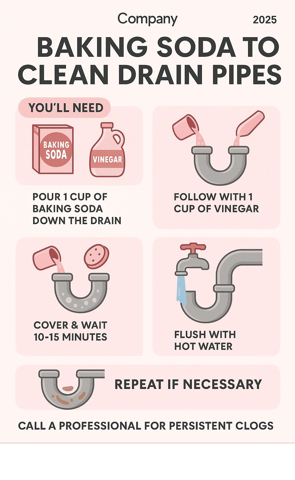 Infographic on cleaning drain pipes with baking soda and vinegar, showing step-by-step instructions.
