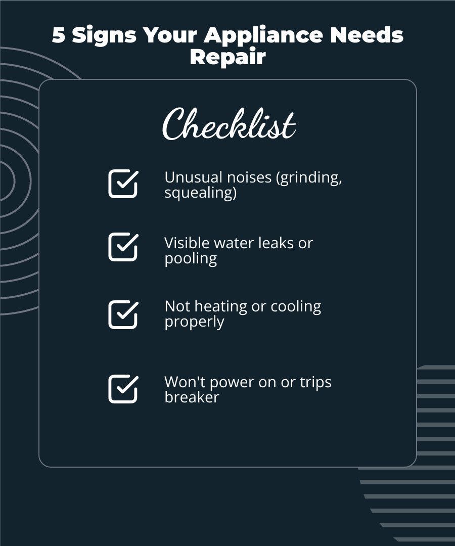 Infographic showing top 5 signs your appliance needs professional repair: unusual noises like grinding or squealing, visible water leaks or pooling, failure to heat or cool properly, appliance won't power on or trips breaker, and error codes or warning lights - Home Appliance Repair Near Me infographic checklist-dark-blue