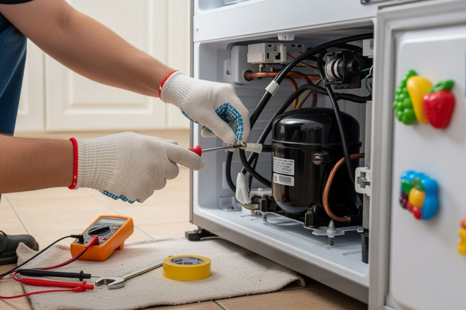close up of technician hand with tools - fridge repair st louis