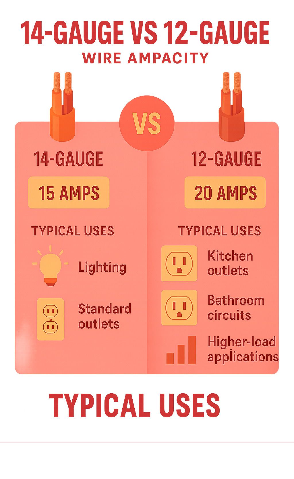 Infographic comparing 14-gauge and 12-gauge wire ampacity: 15 amps vs 20 amps and typical uses.