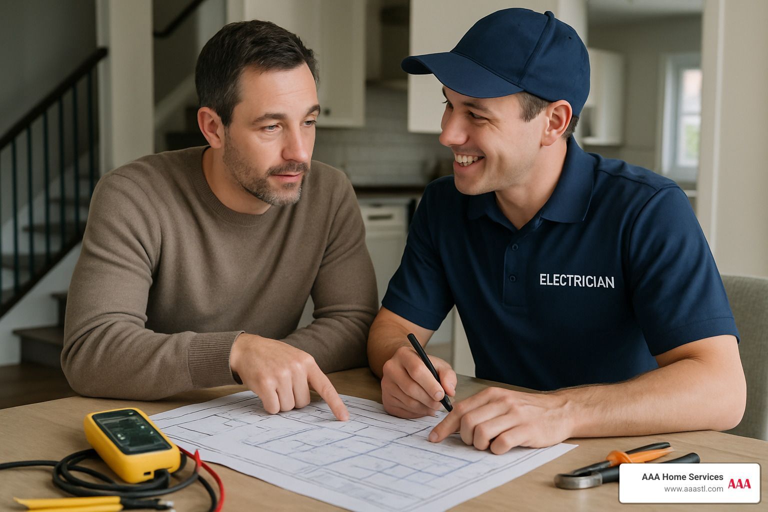 Two men reviewing a floor plan at a table, one pointing while the other writes with a pen.