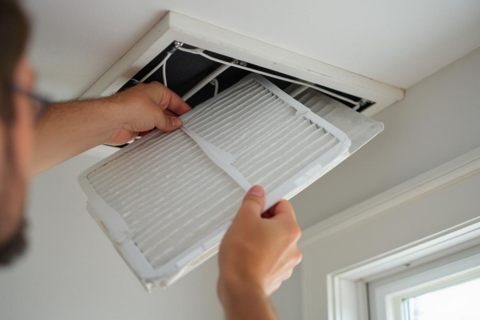 Hands removing a dusty HVAC filter from a ceiling vent indoors